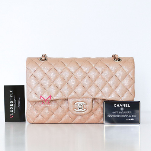 CHANEL Chanel Classic Medium Double Flap 15C  Pearly Beige Quilted Caviar with matte silver hardware 