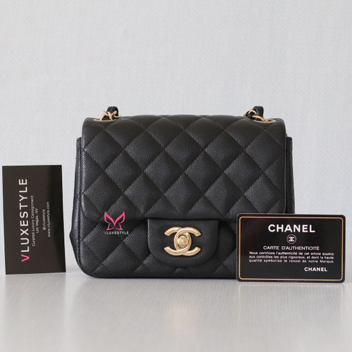 CHANEL Chanel Classic Mini Square Flap 18B Black Quilted Caviar with light gold hardware 