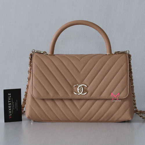 CHANEL Chanel Coco Handle/Top Handle 20P Beige Chevron Caviar with light gold hardware 