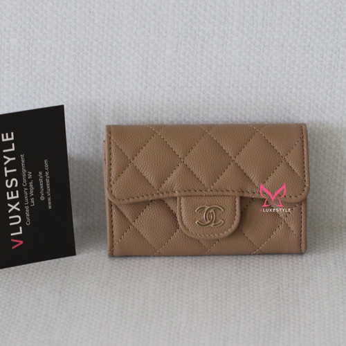 CHANEL Chanel Flap Card Holder  22A Dark Beige  Quilted Caviar with light gold hardware 
