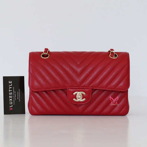 CHANEL Chanel Classic Small Double Flap 20B Red  Chevron Caviar with light gold hardware 