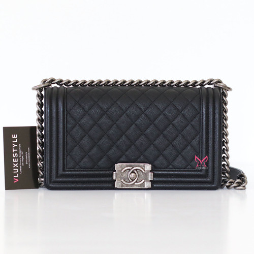 CHANEL Chanel Le Boy Old Medium 16A Black Quilted Caviar with ruthenium hardware 