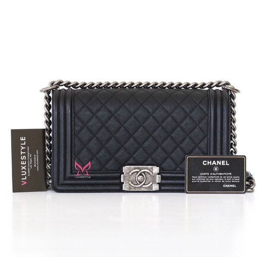 CHANEL Chanel Le Boy Old Medium 16A Black Quilted Caviar with ruthenium hardware 