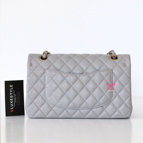 CHANEL Chanel Classic Flap Medium Caviar 21A Light Gray/Grey  with light gold hardware 