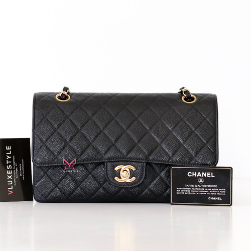 CHANEL Chanel Vintage Classic Medium Flap Black Quilted Caviar with 24K gold plated hardware 