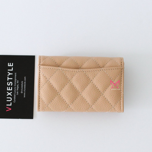 CHANEL Chanel Flap Card Holder Beige Quilted Caviar with  gold hardware 
