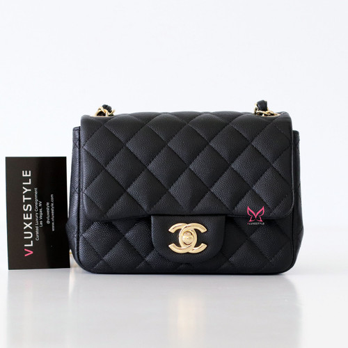 CHANEL Chanel Classic Mini Square Flap Quilted Caviar with Light Gold Hardware 