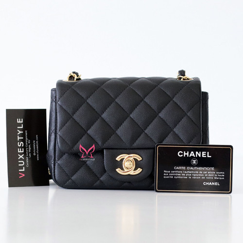 CHANEL Chanel Classic Mini Square Flap Quilted Caviar with Light Gold Hardware 