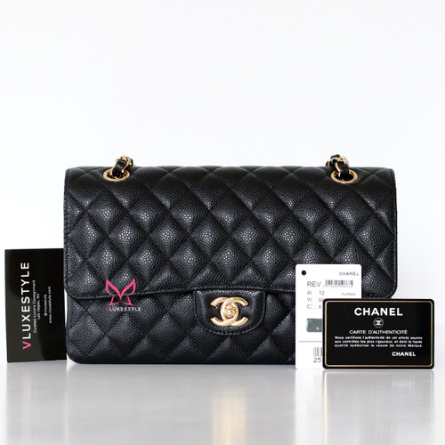 CHANEL Chanel Classic Medium Flap Black Quilted Caviar with gold hardware 