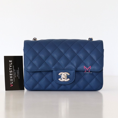 CHANEL Chanel Classic Mini Rectangular 18C Navy Blue Quilted Caviar with silver hardware 