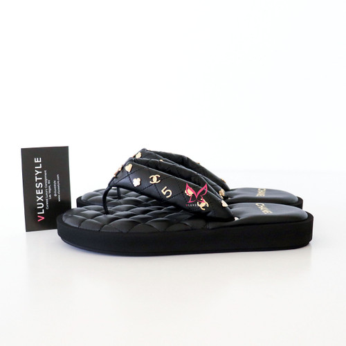 CHANEL Chanel 23P Black Quilted Charms Thong Sandals 