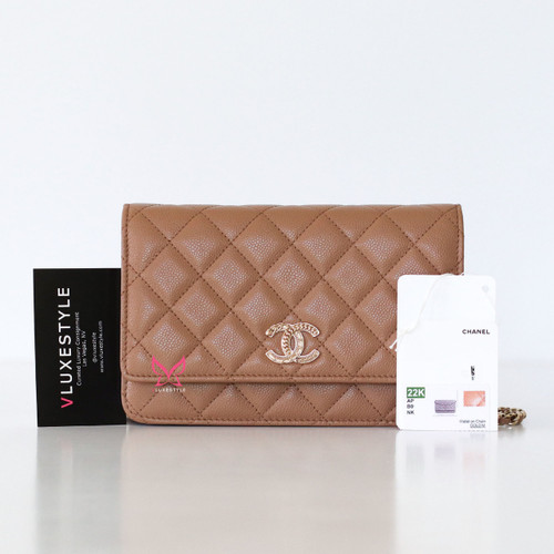 CHANEL Chanel Classic Wallet on Chain 22K Caramel Quilted Caviar Brushed Gold Hardware 