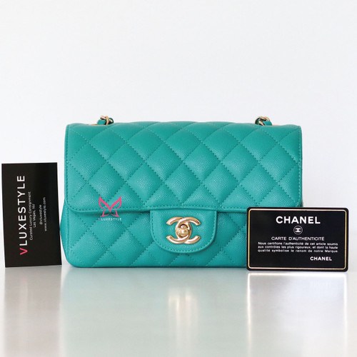 CHANEL Chanel Classic Mini Rectangular 17C Turquiose Quilted Caviar Light Gold Hardware 