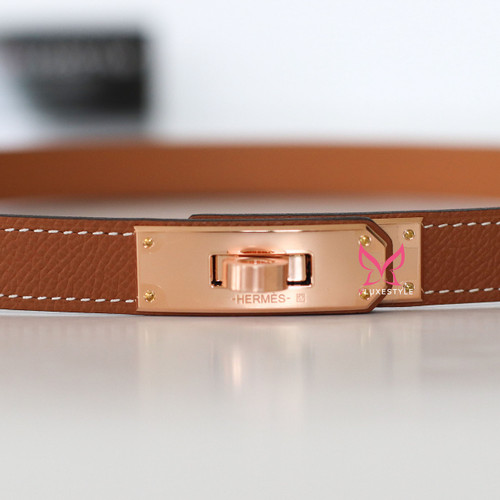 HERMES Hermes Kelly 18 Belt Gold/Golden Brown Epsom leather with Rose Gold-plated buckle 