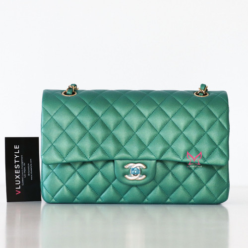CHANEL Chanel Classic Medium Flap 22A Iridescent  Emerald Green  Quilted Calfskin Light gold hardware 