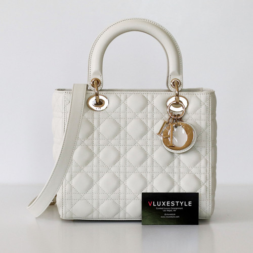 DIOR Dior Medium Lady Dior White Cannage Lambskin Pale Gold Hardware 