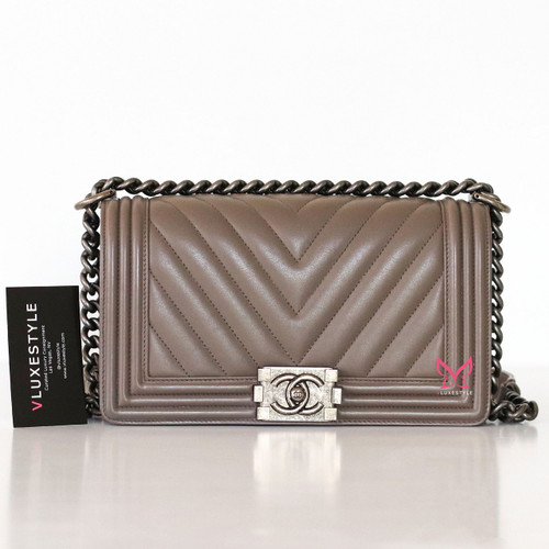 CHANEL Chanel Le Boy Old Medium Taupe Chevron Calfskin Ruthenium Hardware 