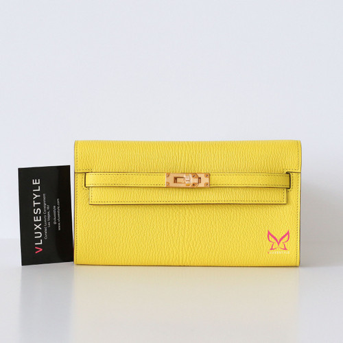 HERMES Hermes Kelly To Go Wallet Jaune Citron Chevre Rose Gold Hardware 