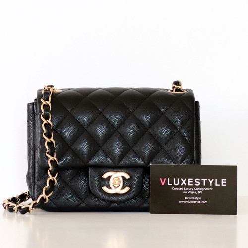 CHANEL Chanel Classic Mini Square 18B Black Quilted Caviar Light Gold Hardware 