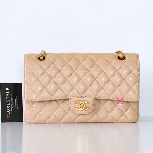 CHANEL Chanel Classic Medium Flap Beige Clair Quilted Caviar Gold Hardware 