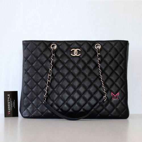 CHANEL Chanel Timeless Shopping Tote 17B Black Quilted Caviar Silver Hardware 