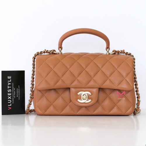 CHANEL Chanel Mini Rectangular Flap Top Handle 23P Dark Beige Quilted Lambskin Light Gold Hardware 
