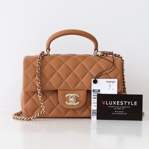 CHANEL Chanel Mini Rectangular Flap Top Handle 23P Dark Beige Quilted Lambskin Light Gold Hardware 