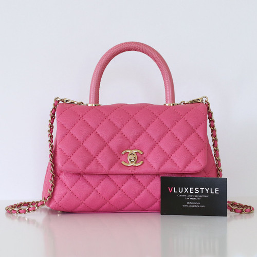CHANEL Chanel Mini/Small Coco Handle 21P Barbie Pink Quilted Caviar Light Gold Hardware Lizard Embossed Top Handle 