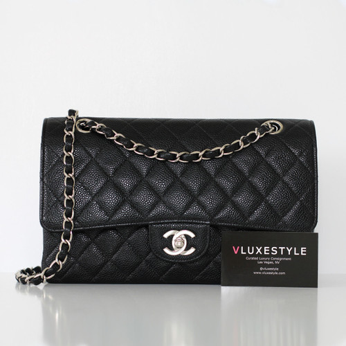 CHANEL Chanel Vintage Classic Medium Flap Black Quilted Caviar Silver Hardware 