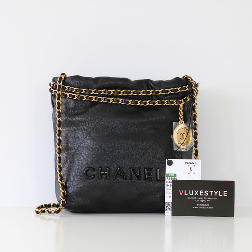 CHANEL Chanel Mini 22 Hobo Bag 23K Black Shiny Caviar  Brushed Gold Hardware 