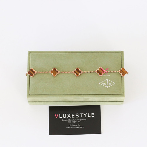 VAN CLEEF & ARPELS Van Cleef & Arpels Vintage Alhambra 18K Yellow Gold 5 Motifs Tiger Eye Bracelet 