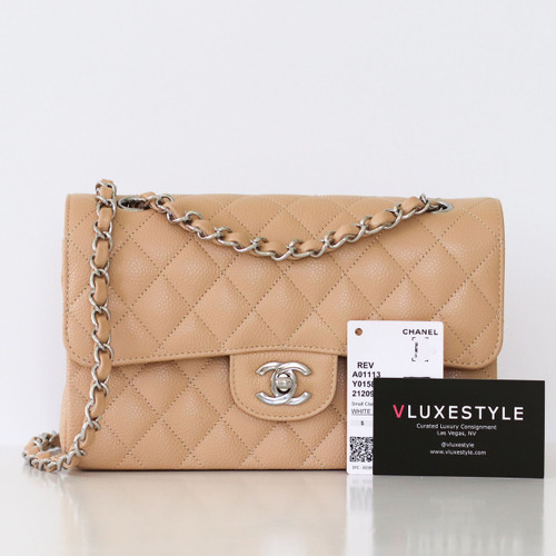 CHANEL Chanel Classic Small Flap Beige Quilted Caviar Silver Hardware 