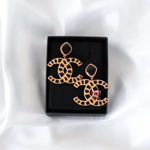 CHANEL Chanel 19A Egyptian Nile Earrings Black Enamel Gold 