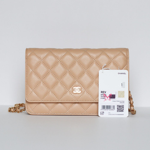CHANEL Chanel Classic Wallet on Chain Beige Clair Quilted Caviar Gold Hardware 