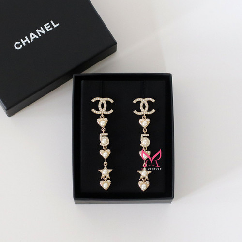 CHANEL Chanel 20V Heart Star No.5 CC Earrings Metal Faux Pearls Crystal Light Gold Earrings 
