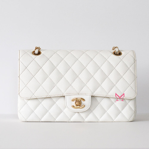 CHANEL Vintage Chanel Classic Medium Flap White Quilted  Caviar 24K Gold Plated Hardware 
