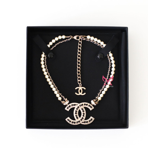 CHANEL Chanel 21K  Pearl CC Crystal Black Lambskin Light Gold Choker Necklace 