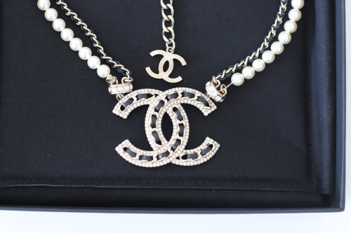 CHANEL Chanel 21K  Pearl CC Crystal Black Lambskin Light Gold Choker Necklace 