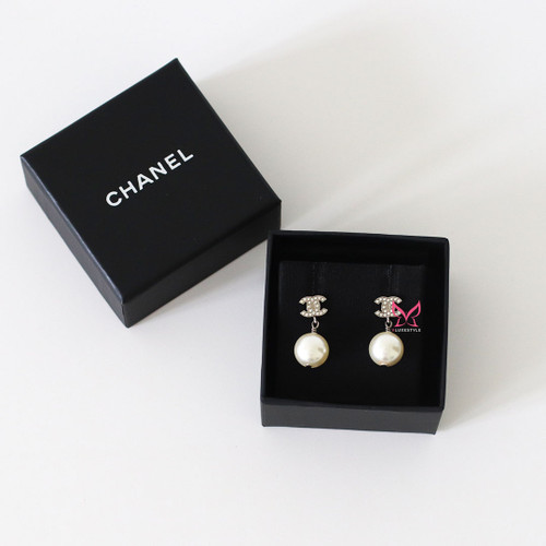 CHANEL Chanel 22V Crystal Pearl CC Drop Earrings Silver 