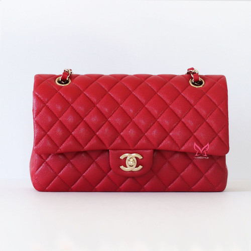 CHANEL Chanel Classic Medium Flap 19B Red Quilted Caviar Light Gold Hardware 