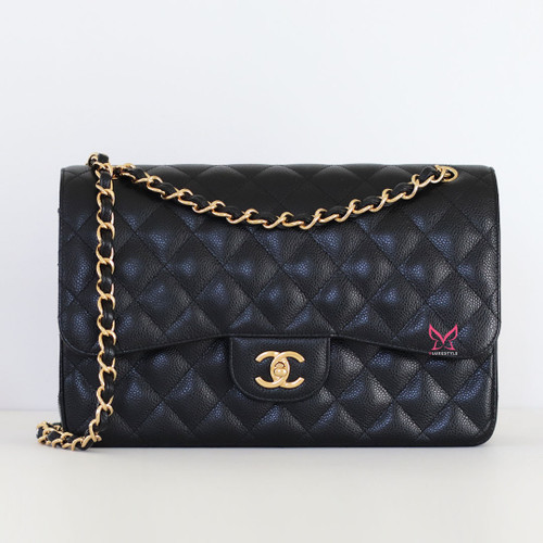 CHANEL Classic Jumbo Flap Black Quilted Caviar Gold Hardware 