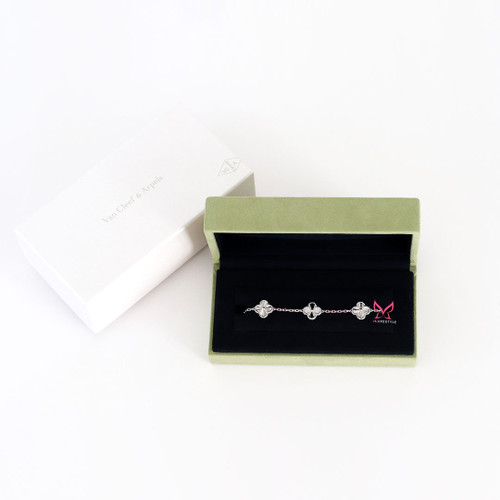 VAN CLEEF & ARPELS Vintage Alhambra 18K White Gold 5 Motif Guilloche Bracelet 