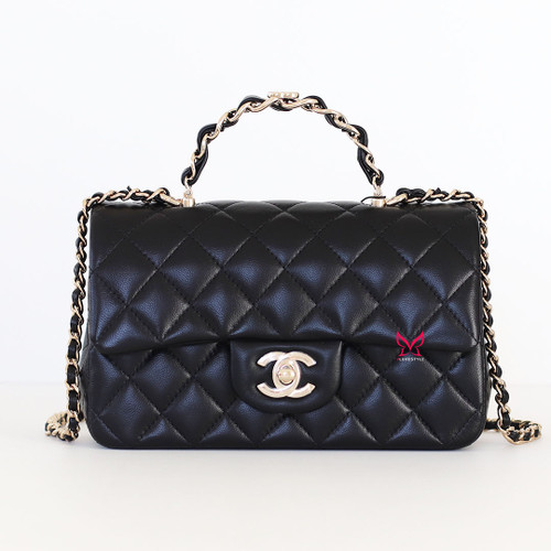 CHANEL Classic Mini Rectangular Flap Top Handle 23K Black Quilted Lambskin Light Gold Hardware 