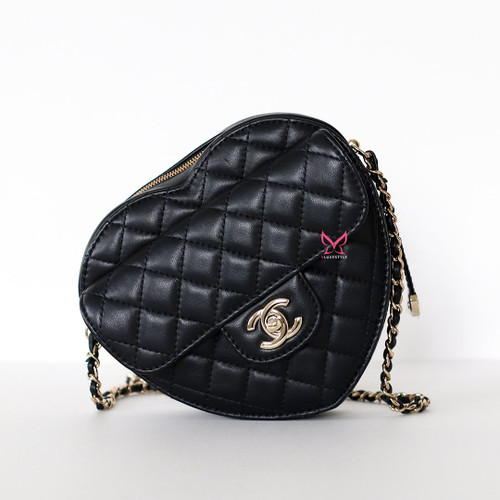 CHANEL Large Heart Bag 22S Black Quilted Light Gold Hardware 