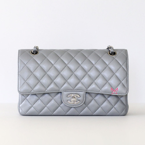 CHANEL Classic Medium Flap 23P Metallic Silver Quilted Lambskin Silver Hardware 