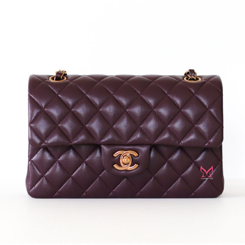 CHANEL Classic Small Flap 24B Burgundy Quilted Lambskin Rose Gold Hardware 