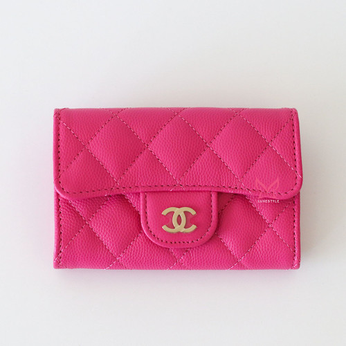 CHANEL Classic Flap Card Holder 22P Barbie Pink Quilted Caviar Gold Hardware 