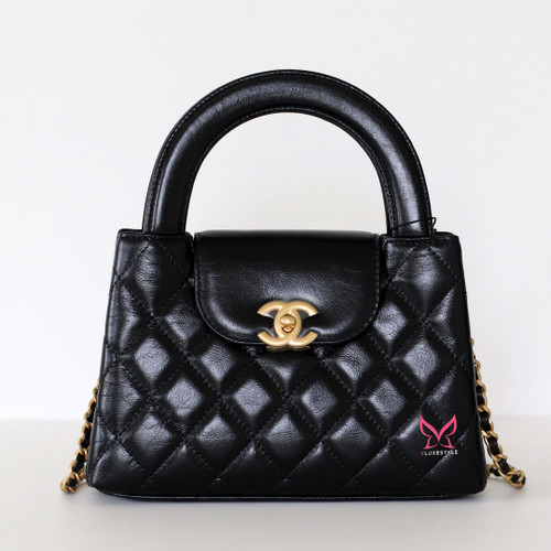 CHANEL Nano Kelly 25C Black Shiny Aged Calfskin Brushed Gold Hardware 