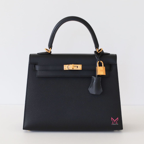 HERMES Kelly 25 Black Epsom Sellier Gold Hardware 