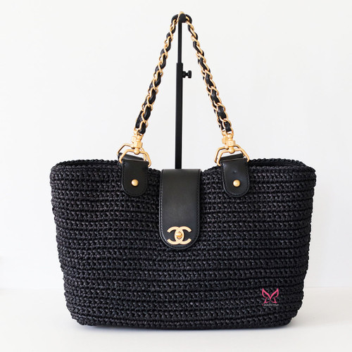 CHANEL Vintage Chanel Straw Tote Black Raffia Gold Hardware 